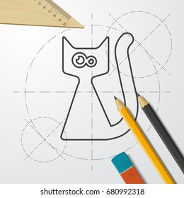 Vector flat halloween icon. Simple illustration. blueprint cat on engineer and architect background 