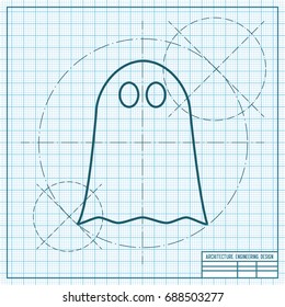 Vector flat halloween icon. Simple illustration. blueprint Ghost on engineer and architect background 