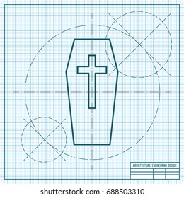 Vector flat halloween icon. Simple illustration. blueprint coffin on engineer and architect background 