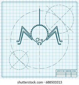 Vector flat halloween icon. Simple illustration. blueprint Spider on engineer and architect background 