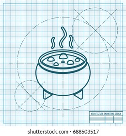 Vector flat halloween icon. Simple illustration. blueprint Kettle on engineer and architect background 