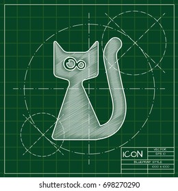 Vector flat halloween icon. Simple illustration. blueprint cat on engineer and architect background  