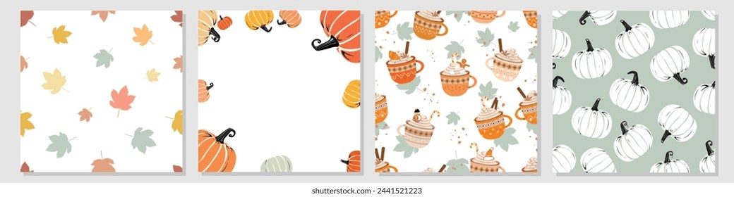 Vector flat Halloween pumpkin seamless patterns, frame template and design element pumpkin printable repeatable texture signboard design. Halloween, Thanksgiving Holiday and Pumpkin Concept Design.