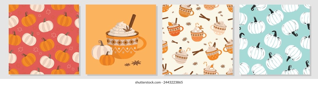 Vector flat Halloween pumpkin seamless patterns, frame template and design element pumpkin printable repeatable texture signboard design. Halloween, Thanksgiving Holiday and Pumpkin Concept Design.