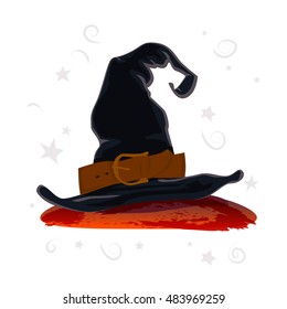 Vector flat halloween witch magic hat isolated on white background illustration. Halloween card, advertisement, banner, poster, placard, party invitation, flayer element design. Cartoon style. 