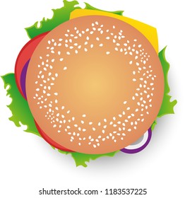 Vector Flat Hamburger Classic Burger American Cheeseburger with Lettuce Tomato Onion Cheese Beef and Sauce Close up isolated on white Background view from above. Fast Food good for menu.