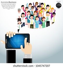 Vector flat  Hand of Businessman holding Tablet  Contact - with  a large group of men and women in the form of Speech bubbles.(business community or politicians) illustration of business.

