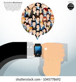 Vector flat  Hand of Businessman holding Watch smartphone Contact - with  a large group of men and women in the form of Speech bubbles.(business community or politicians) illustration of business.