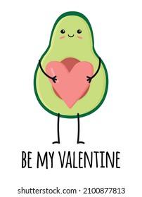 Vector Flat Hand Drawn Avocado With Be My Valentine Text And Heart Isolated On White Background