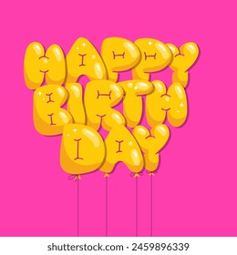 Vector de mano plana dibujado texto de globo de feliz cumpleaños sobre el fondo rosa. Concepto de celebración y feliz cumpleaños. Plantilla de póster de tipografía.