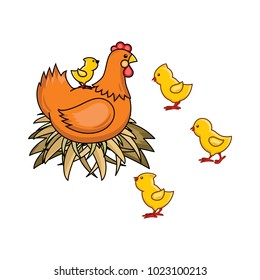 vector flat hand drawn brown colored hen chicken, cock sitting in hay nest, yellow chicks around icon set. Isolated illustration on a white background. Farm poultry chicken