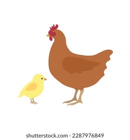 Vector flat hand drawn chicken and chick isolated on white background