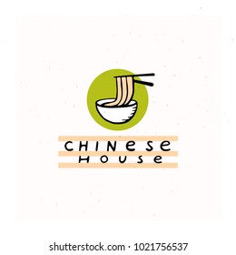 Vector flat hand drawn chinese food restaurant logo with sticks and noodle and bowl isolated on white textured background. Outline food icon. National cookery. Fast food logotype design.