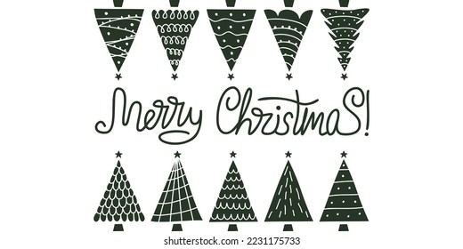 Diseño de árboles de navidad con diseño de vectores planos a mano. Árbol de Navidad aislado en fondo blanco