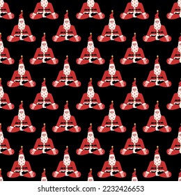 Vector flat hand drawn christmas seamless pattern with santa claus meditating