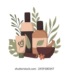 Vector flat hand drawn composition with organic skincare products