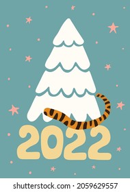 Vector flat hand drawn cute cartoon style illustration of tiger. Chinese New Year 2022. Postcard, poster design