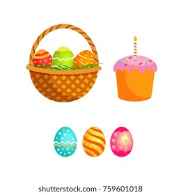 vector flat hand drawn easter holiday symbols set. Easter colored festive decorated eggs, wicker basket with eggs and easter cake with candle. Isolated illustration white background.