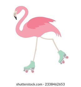 Vector flat hand drawn flamingo riding roller skates isolated on white background