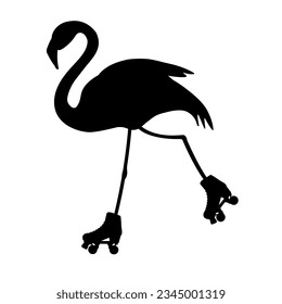 Vector flat hand drawn flamingo riding roller skates silhouette isolated on white background