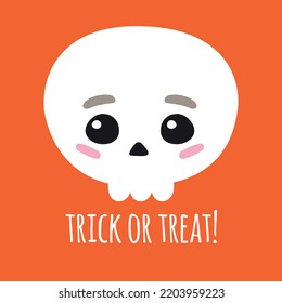 Vector flat hand drawn Halloween cute skull and trick or treat lettering isolated on orange background