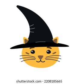 Vector flat hand drawn Halloween cat face in witch hat isolated on white background