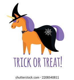 Vector flat hand drawn Halloween witch unicorn with trick or treat lettering isolated on white background