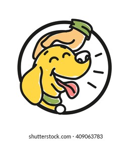 Vector flat hand drawn happy dog portrait. Puppy logo template. Animal icon. Pet store, barberry,  shop, clinic, center, food. Doggy illustration. Animal accessories.