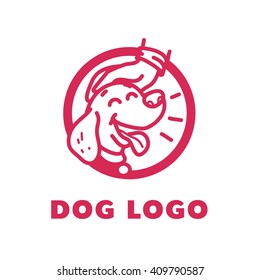 Vector flat hand drawn happy dog portrait. Puppy logo template. Animal icon. Pet store, barberry,  shop, clinic, center, food. Doggy illustration. Animal accessories.