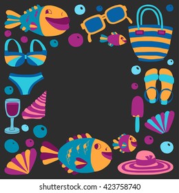 Vector flat hand drawn icons Beach and tropical vacation