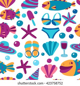 Vector flat hand drawn icons Beach and tropical vacation