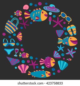 Vector flat hand drawn icons Beach and tropical vacation