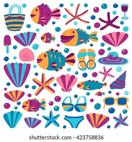 Vector flat hand drawn icons Beach and tropical vacation