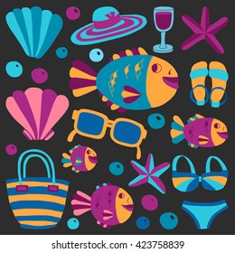 Vector flat hand drawn icons Beach and tropical vacation