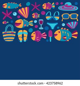 Vector flat hand drawn icons Beach and tropical vacation