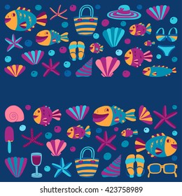 Vector flat hand drawn icons Beach and tropical vacation