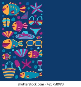 Vector flat hand drawn icons Beach and tropical vacation