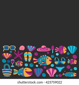 Vector flat hand drawn icons Beach and tropical vacation