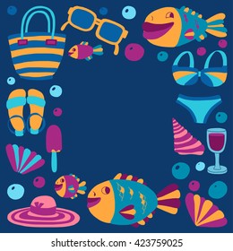 Vector flat hand drawn icons Beach and tropical vacation