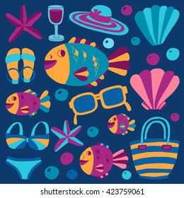 Vector flat hand drawn icons Beach and tropical vacation