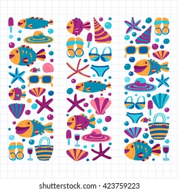 Vector flat hand drawn icons Beach and tropical vacation