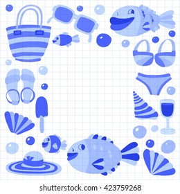 Vector flat hand drawn icons Beach and tropical vacation