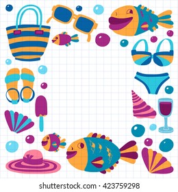 Vector flat hand drawn icons Beach and tropical vacation