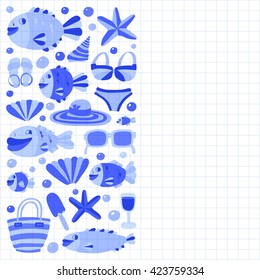 Vector flat hand drawn icons Beach and tropical vacation
