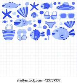 Vector flat hand drawn icons Beach and tropical vacation