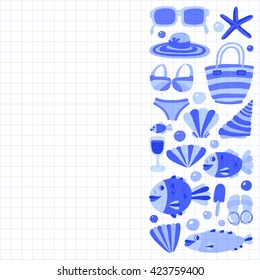 Vector flat hand drawn icons Beach and tropical vacation