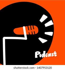 Vector flat hand drawn illustration of microphone and word Podcast. Red background