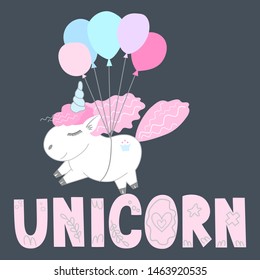 Vector flat hand drawn illustration with little pony unicorn flying on air balloons and hand drawn lettering. Cartoon style. Element for design.