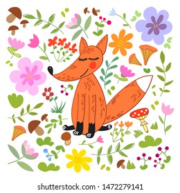 Vector flat hand drawn illustration with red cute fox. Cartoon style. Flowers mushrooms and berries. Isolated on white background. Elements for design. Set.