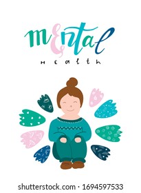 Vektorillustration flach handgezeichnete Illustration mit meditierendem Mädchen und Schrift Psychische Gesundheit. Handgezeichnete Cartoon-Illustration. 